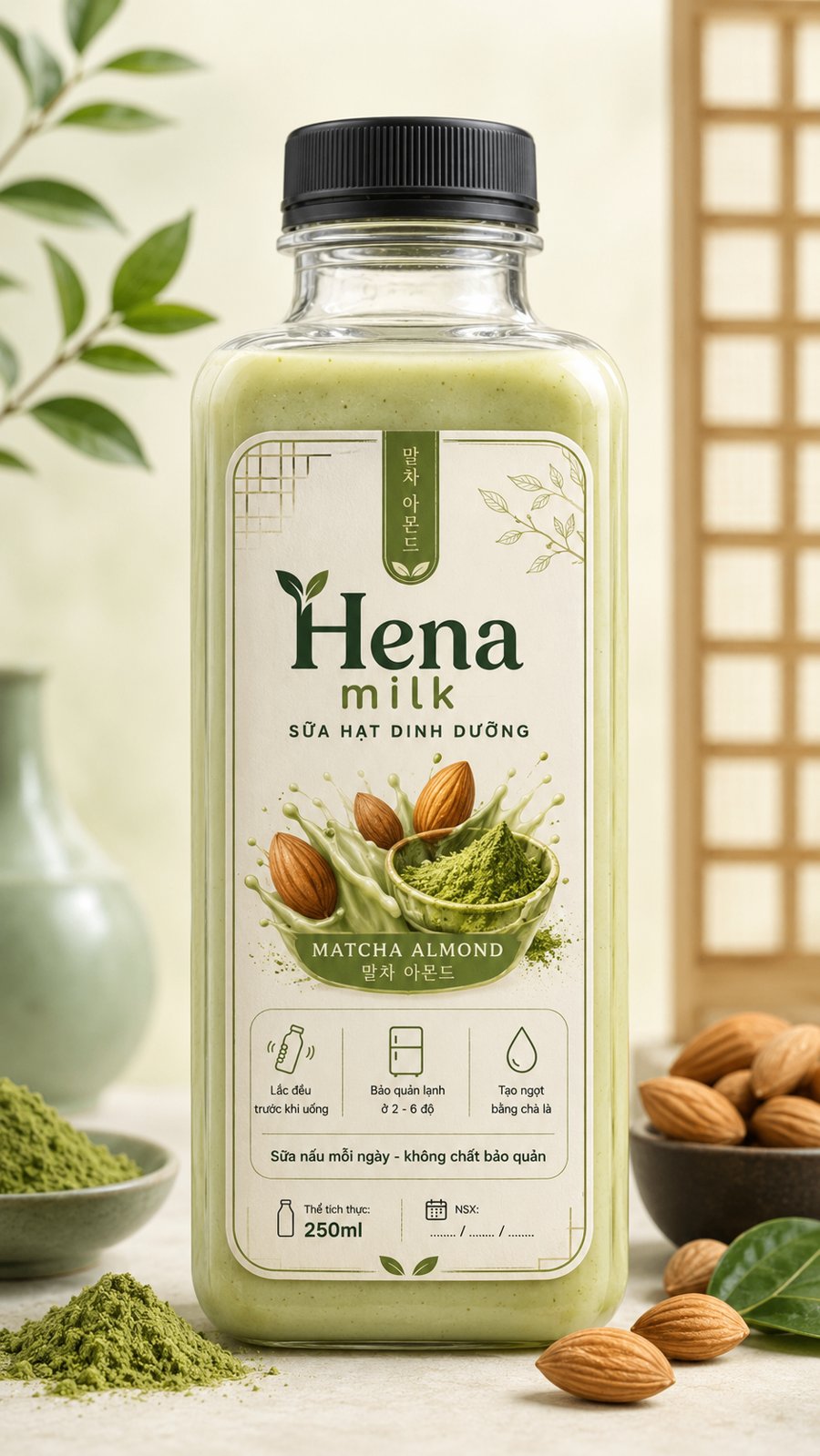 Chai Hena milk vị Matcha hạnh nhân